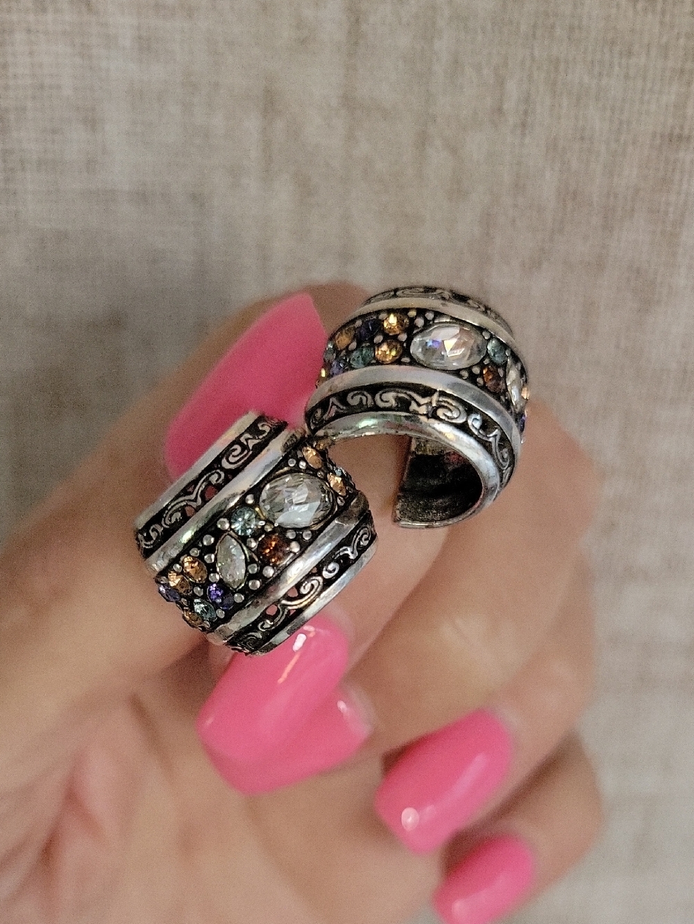 Gorgeous Multicolor Crystal Accent Vintage Silver-Tone Huggie Hoop Earrings